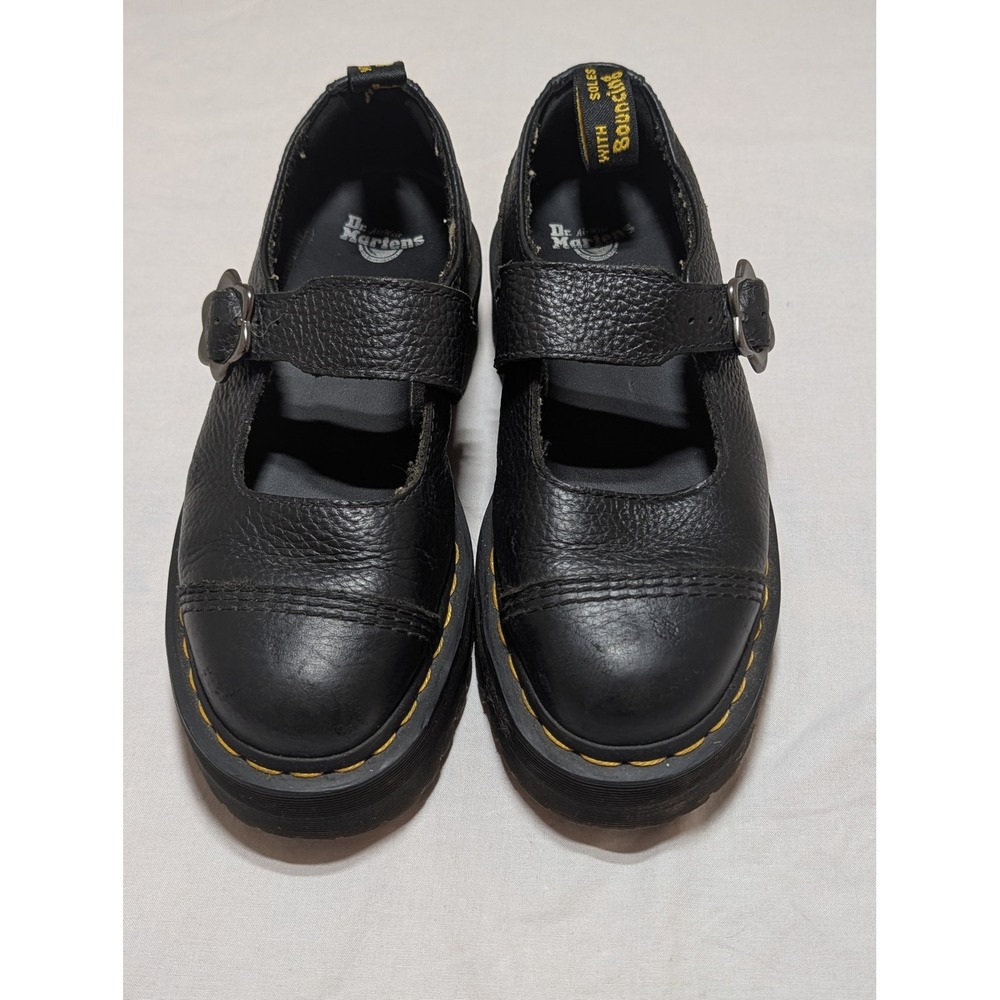 Dr. Martens Bethan Platform Mary Jane Black Pebbled Leather Flower Buckle Shoes